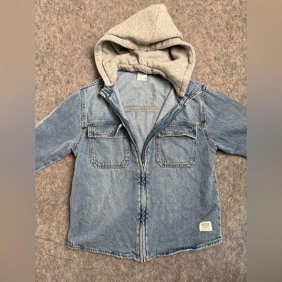 Zara Jacket Women's 9 Blue Denim Medium Wash Cotton Hooded Flap Pockets Full Zip - Picture 3 of 7